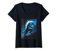 Donna Leopard Giapponese Blu Kaiju Monster Art Donna Leopard Maglietta con Collo a V