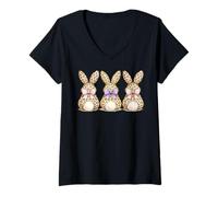 Donna Leopard Pattern Pasqua Bunny Back View Bow Spring Art Girl Maglietta con Collo a V