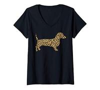 Donna Leopard Print Dachshund Weiner Sausage Dog Girls Women Gift Maglietta con Collo a V