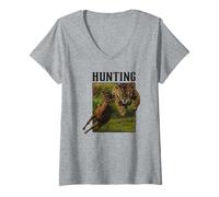 Donna Leopardo Caccia Scena in Jungle Art, Love Cats Maglietta con Collo a V