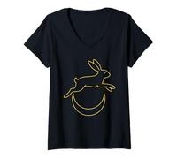 Donna Lepre Che Salta sopra la Mezzaluna Linea Notturna Minima Art Design Maglietta con Collo a V
