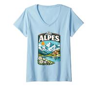 Donna Les Alpes Francia Alpi Francesi Vintage Chamonix Annecy Maglietta con Collo a V