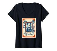 Donna Les Sardines Red Stripes Summer Coastal Retro Tinned Sardine Maglietta con Collo a V