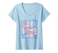 Donna Let Freedom Ring 4 luglio Retro American Bride Party USA Maglietta con Collo a V