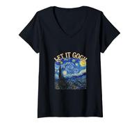 Donna Let It Gogh Notte Stellata Pittura Belle Arti Gioco di Parole Maglietta con Collo a V