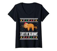 Donna Let it Slow! Divertente Brutto Maglione Natalizio con Bradipo di Babbo Natale Maglietta con Collo a V