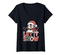 Donna Let It Snow - Cappello di Babbo Natale a Forma di Pinguino Maglietta con Collo a V