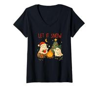 Donna Let It Snow Cute Ghosts Intorno Campfire Maglietta con Collo a V