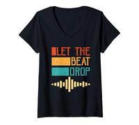 Donna Let The Beat Drop Retro DJ Music Wave Vintage Maglietta con Collo a V