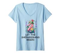 Donna Let The Shenanigans Begin Mardi Gras Flamingo St Patrick's Maglietta con Collo a V