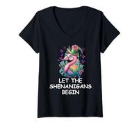 Donna Let The Shenanigans Begin St Patricks Flamingo Mardi Gras Maglietta con Collo a V