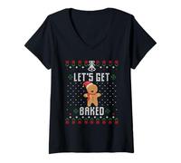 Donna Let's Get Baked Christmas Gingerbread Xmas Cookie Baking Team Maglietta con Collo a V