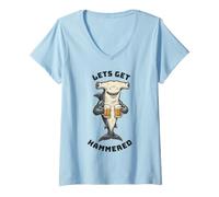 Donna Let's Get Hammered Divertente Hammerhead Shark Birra Bere Maglietta con Collo a V