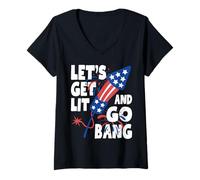 Donna Let's Get Lit And Go Bang 4 luglio Fireworks Patriotic Maglietta con Collo a V