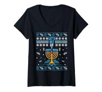 Donna Let's Get Lit Menorah Brutto Natale Felice Hanukkah Maglietta con Collo a V