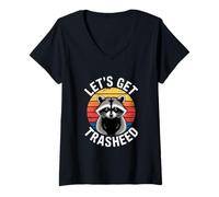 Donna Lets Get Trashed Funny Raccoon Distintivo retrò Maglietta con Collo a V