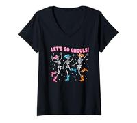 Donna Let's Go Ghouls Festivo scheletri spettrali Festa di Halloween Maglietta con Collo a V