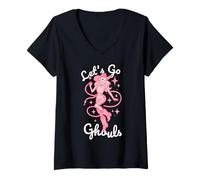 Donna Let's Go Ghouls Halloween Cowgirl Western Pastel Goth Rosa Maglietta con Collo a V