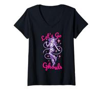 Donna Let's Go Ghouls Halloween Cowgirl Western Pastel Goth Viola Maglietta con Collo a V