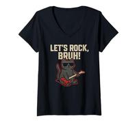 Donna Let's Rock Bruh - Divertente Gatto Rock Maglietta con Collo a V