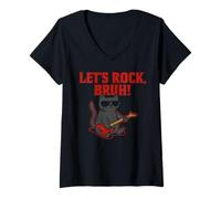 Donna Let's Rock Bruh - Divertente Gatto Rock Maglietta con Collo a V