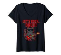 Donna Let's Rock Bruh - Divertente Gatto Rock Maglietta con Collo a V