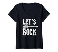 Donna Let's Rock On Skeleton Guitar Band Chitarrista Rock And Roll Maglietta con Collo a V