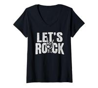 Donna Lets Rock Skeleton mano Rock On Sign Music Lover Rock n Roll Maglietta con Collo a V