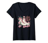 Donna Let's Roll Flower Skate Retro Roller Vibes Pattinaggio colorato Maglietta con Collo a V