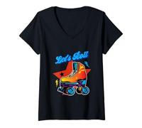 Donna Let's Roll Retro 1970 1980 Pattinaggio a rotelle Vintage Skater Maglietta con Collo a V