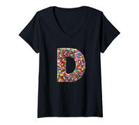 Donna Letter D Candy Rainbow Sprinkles Monogram Style Maglietta con Collo a V