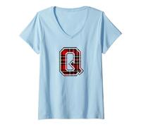 Donna Letter Q First Name Monogram Initial Tartan Print Maglietta con Collo a V