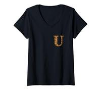 Donna Letter U First Name Monogram Initial Leopard Print Maglietta con Collo a V