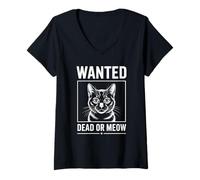 Donna Lettera a Spina Gatto Wanted Dead or Meow Maglietta con Collo a V