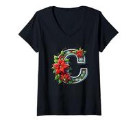 Donna Lettera di Natale C Poinsettia Holly Design Maglietta con Collo a V