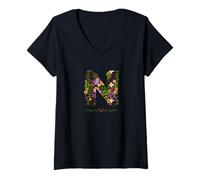 Donna Lettera floreale da donna con fiori botanici ad acquerello Maglietta con Collo a V