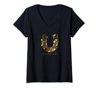 Donna Lettera floreale da donna con fiori botanici ad acquerello Maglietta con Collo a V