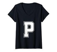 Donna Lettera P Big Bold Capital Varsity Alphabet Monogram Maglietta con Collo a V