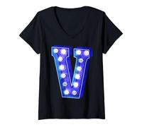 Donna Lettera V Segno retrò Blu monogramma Iniziale Luce Maglietta con Collo a V