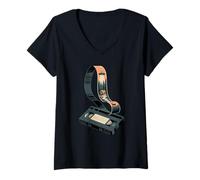 Donna Lettore Di Cassette Musica Registratore A Nastro Maglietta con Collo a V