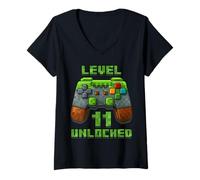 Donna Level 11 Years Unlocked Shirt Videogioco 11 ° Compleanno Tee Maglietta con Collo a V