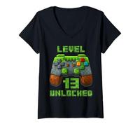 Donna Level 13 Years Unlocked Shirt Videogioco 13° Compleanno Tee Maglietta con Collo a V