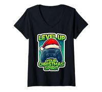 Donna Level Up Your Christmas Spirit Gamer Gaming Bambini Adolescenti Divertente Maglietta con Collo a V