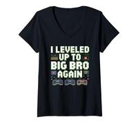 Donna Leveled Up, Big, Brother Again Funny Sibling Present Maglietta con Collo a V
