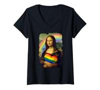 Donna LGBTQ Arcobaleno Monna Lisa Cuore Orgoglio per L'uguaglianza Maglietta con Collo a V