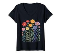 Donna LGBTQ Fiori Arcobaleno Fiori di campo Sottile Gay Pride Mese Maglietta con Collo a V