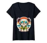 Donna Lhasa Apso Proprietario Del Cane Estate Vibes Vacanze Vacanze Vintage Maglietta con Collo a V