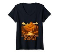 Donna L'IA non può sostituire la bellezza della natura | Retro Mountain Forest Maglietta con Collo a V