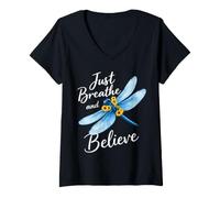 Donna Libellula Just Breathe And Believe Christian Faith Design Maglietta con Collo a V