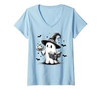 Donna Libresca Fantasma Capello da Strega Topo di Biblioteca Libri Maglietta con Collo a V